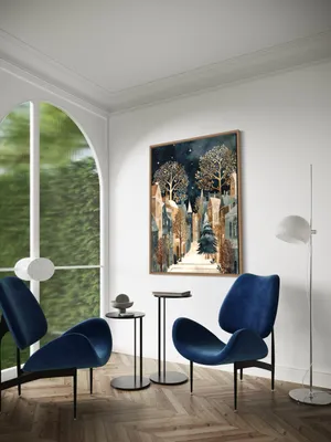 Plakat Starlit Lane - zimowa uliczka z choinką i rozgwieżdżonym niebem - obrazek 3
