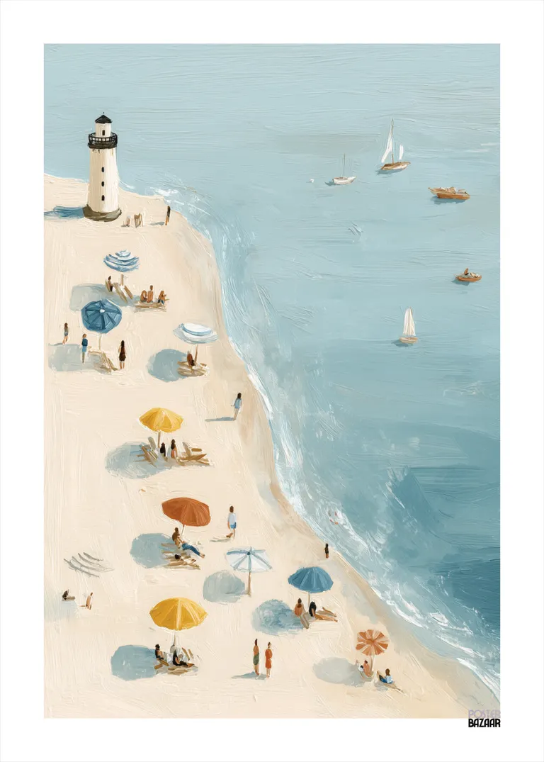 Beach Lighthouse — spokojna plaża z latarnią morską i żaglówkami