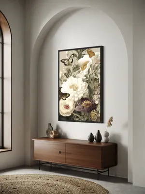 Plakat Butterfly Reverence - kremowe i bordowe kwiaty z motylami, botaniczny styl - obrazek 2