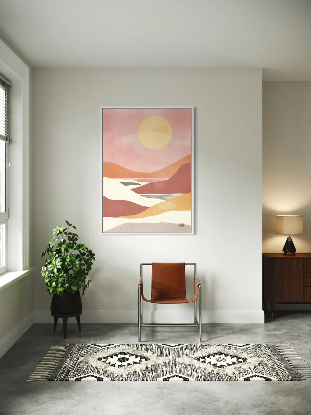 Plakat Sunset Dream - abstrakcyjny krajobraz z słońcem na pastelowych barwach - obrazek 2