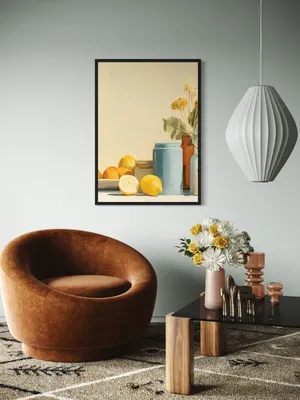 Plakat Lemon Still Life - cytryny, słoik, wazony i żółte kwiaty w pastelowych kolorach - obrazek 2