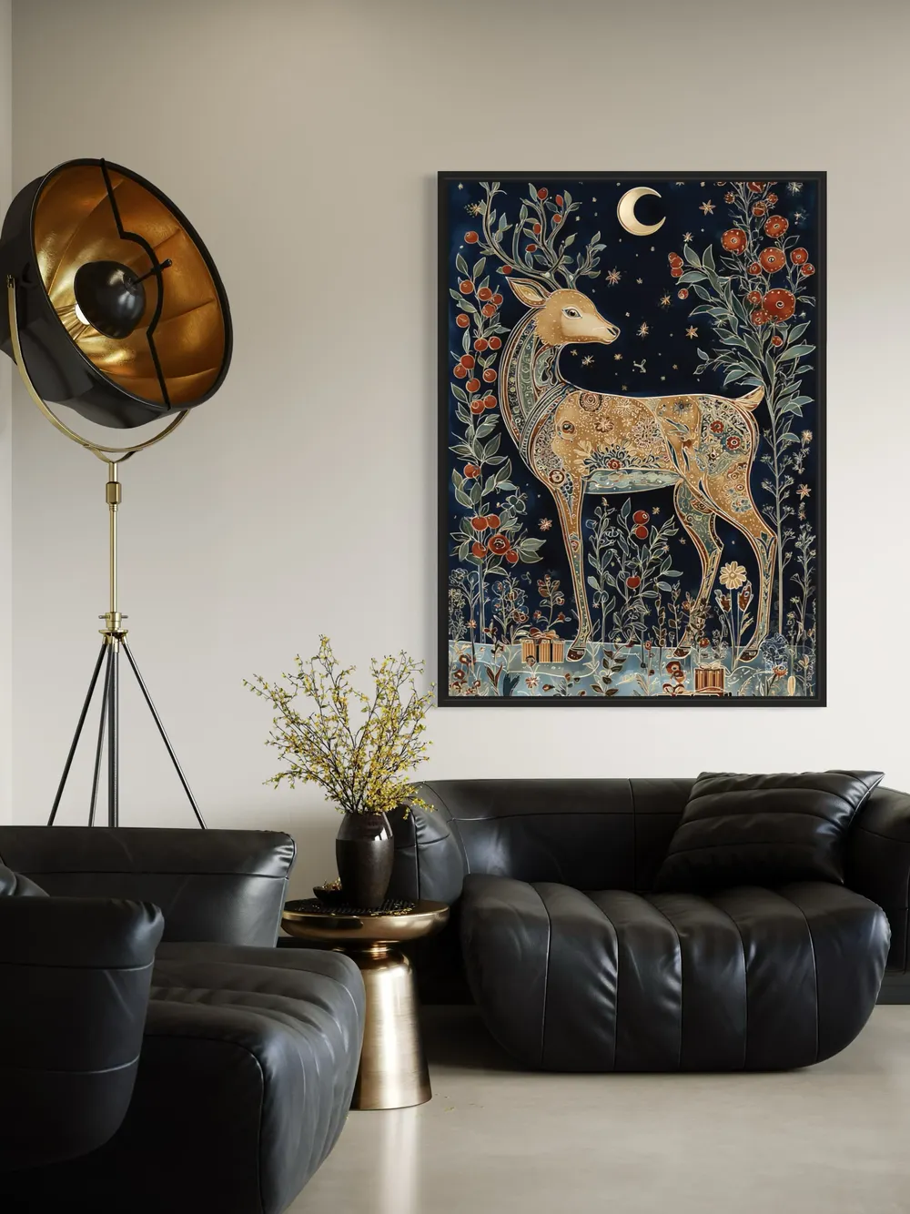Plakat Midnight Deer - jelen z fantazyjnymi wzorami pod nocnym niebem - obrazek 2