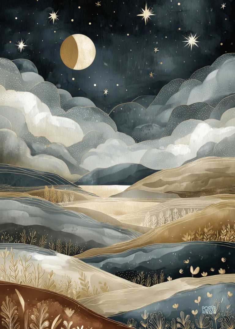 Celestial Fields — bajkowy krajobraz nocny z księżycem i złotymi wzgórzami