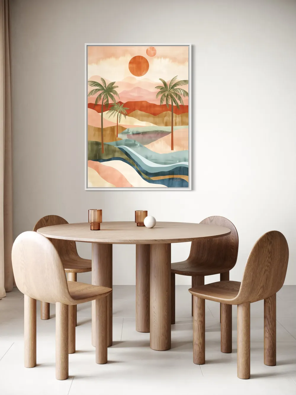 Plakat Tropical Mirage - palmy, turkusowa rzeka, pastelowe niebo, surrealistyczny krajobraz - obrazek 2