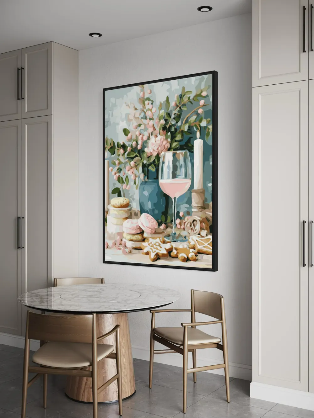 Plakat Pastel Treats - elegancka kompozycja wina, ciasteczek i kwiatów - obrazek 3
