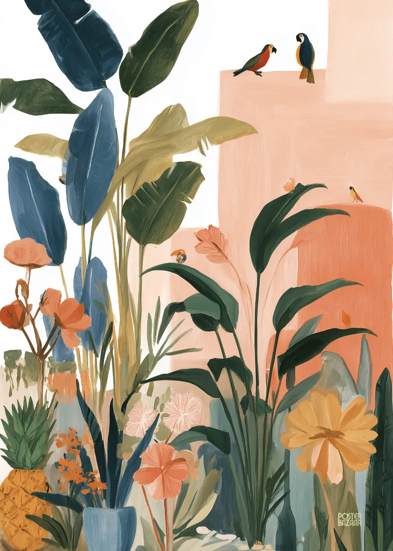 Tropical Garden — kolorowa dżungla z egzotycznymi roślinami i ptakami, pastelowe budynki