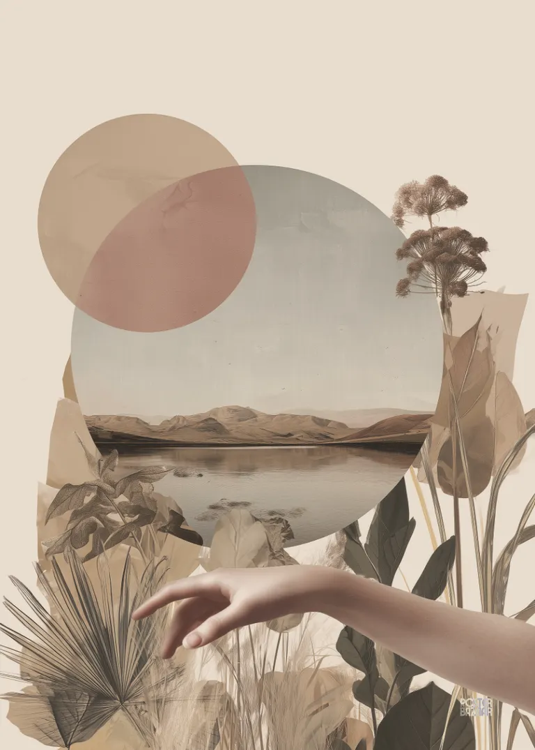 Pastel Touch — delikatny krajobraz jeziora z roślinami i pastelowymi okręgami