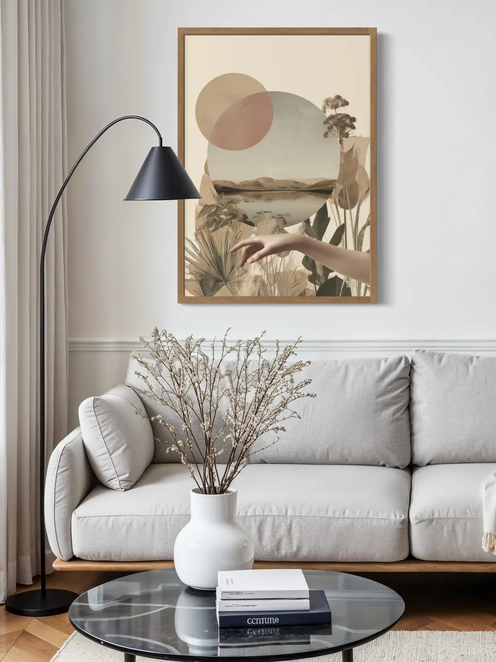 Plakat Pastel Touch - delikatny krajobraz jeziora z roślinami i pastelowymi okręgami - obrazek 2