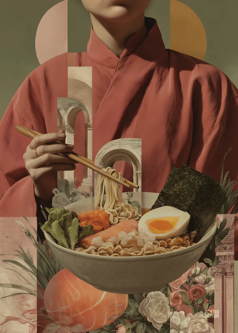 Ramen Reverie — miska ramenu z jajkiem, łososiem i różowym kimono