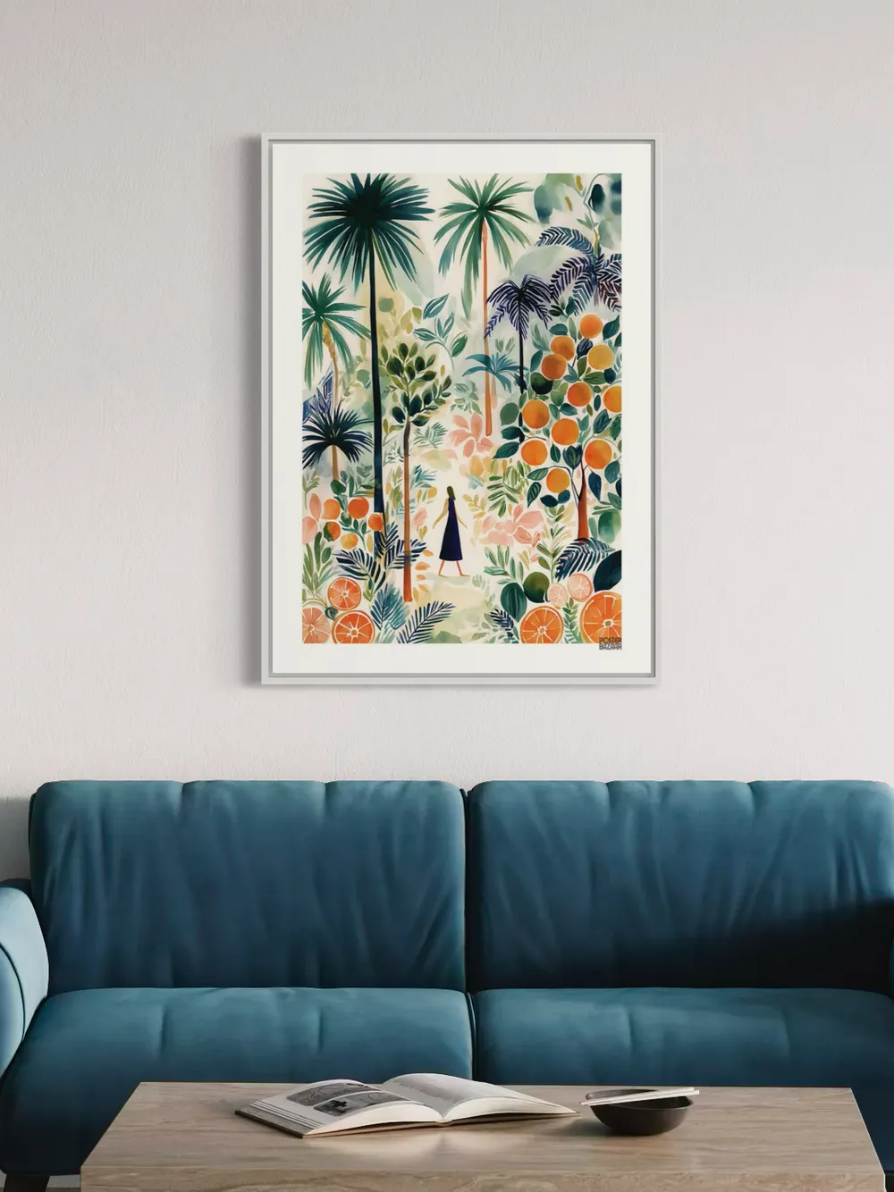 Plakat Tropical Walk - kobieta spacerująca wśród palm i drzew pomarańczowych - obrazek 2