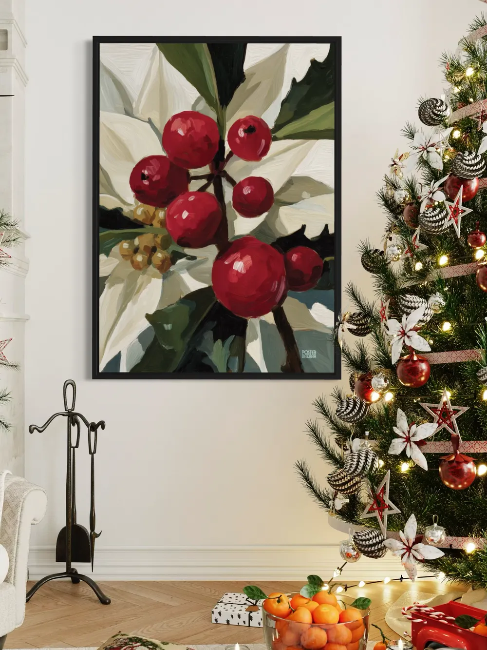 Plakat Scarlet Cluster - czerwone jagody na kremowym tle w stylu impresjonistycznym - obrazek 2