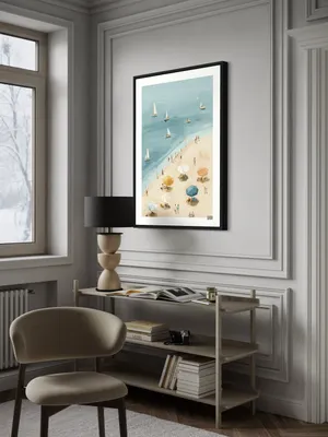 Plakat Sailing Beach - plaża z kolorowymi parasolami i żaglówkami na morzu - obrazek 3