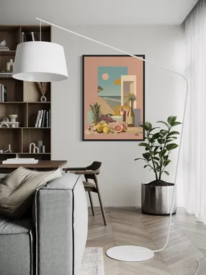 Plakat Tropical Mood - tropikalna plaża z pastelowym niebem i owocami - obrazek 2