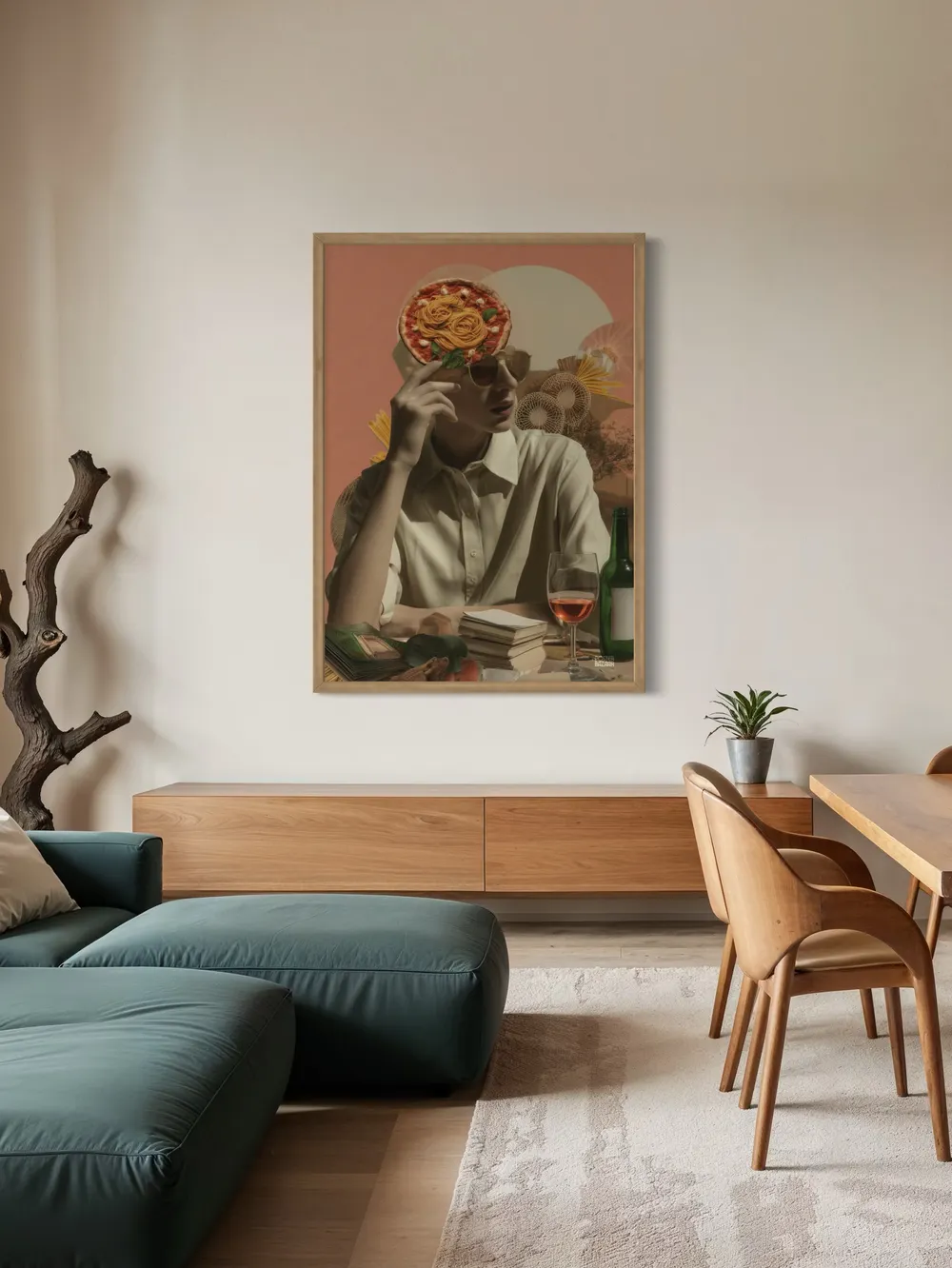 Plakat Pasta Mindset - surrealistyczna pizza, spaghetti, bazylią, książki, wino - obrazek 3
