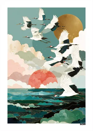 Plakat Golden Cranes - żurawie nad zielonym morzem