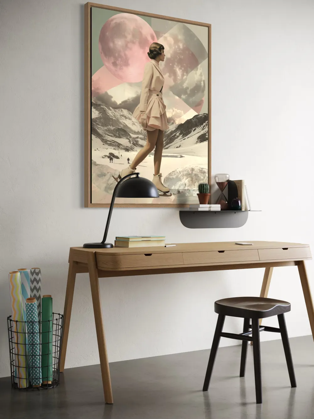 Plakat Lunar Skater - elegancka łyżwiarka na tle różowego księżyca - obrazek 3