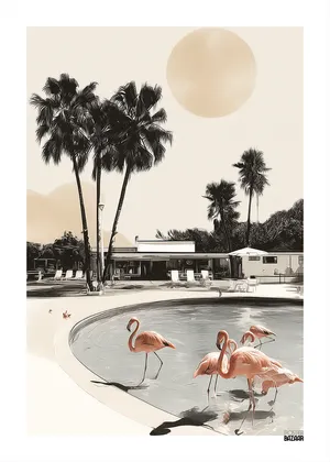 Plakat Palm Pool - letni chill pod palmami, basen, złote słońce, pastelowe odcienie