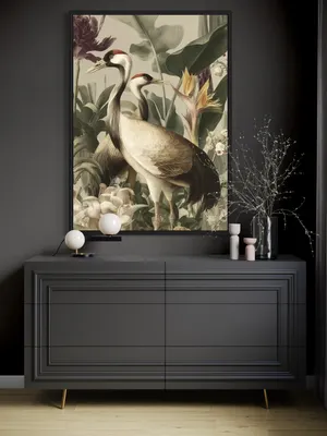 Plakat Crane Gardenia - dwa żurawie wśród egzotycznych liści i kwiatów, styl vintage - obrazek 3