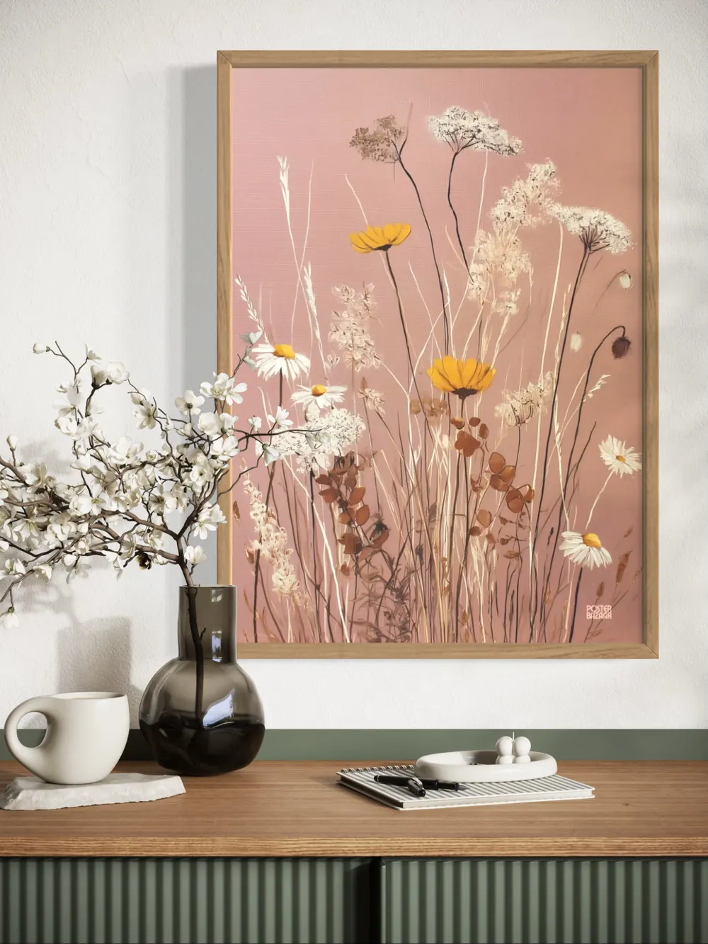 Plakat Wildflower Sketch - polne kwiaty w abstrakcyjnym stylu, pastelowy róż, żółć i beż - obrazek 3
