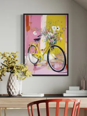 Plakat Yellow Bicycle - żółty rower z kwiatami na różowo-żółtym tle, abstrakcyjny i malarski - obrazek 2
