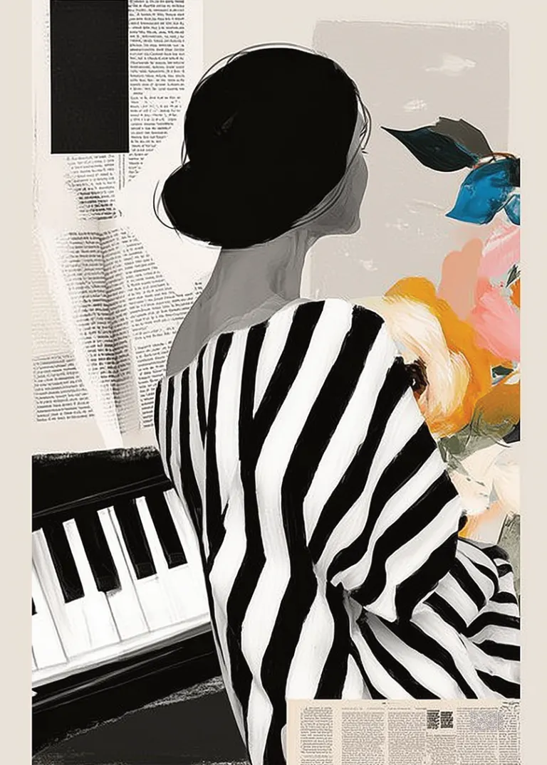 Piano Stripes — czarno-biała kobieta przy pianinie z kolorowymi kwiatami