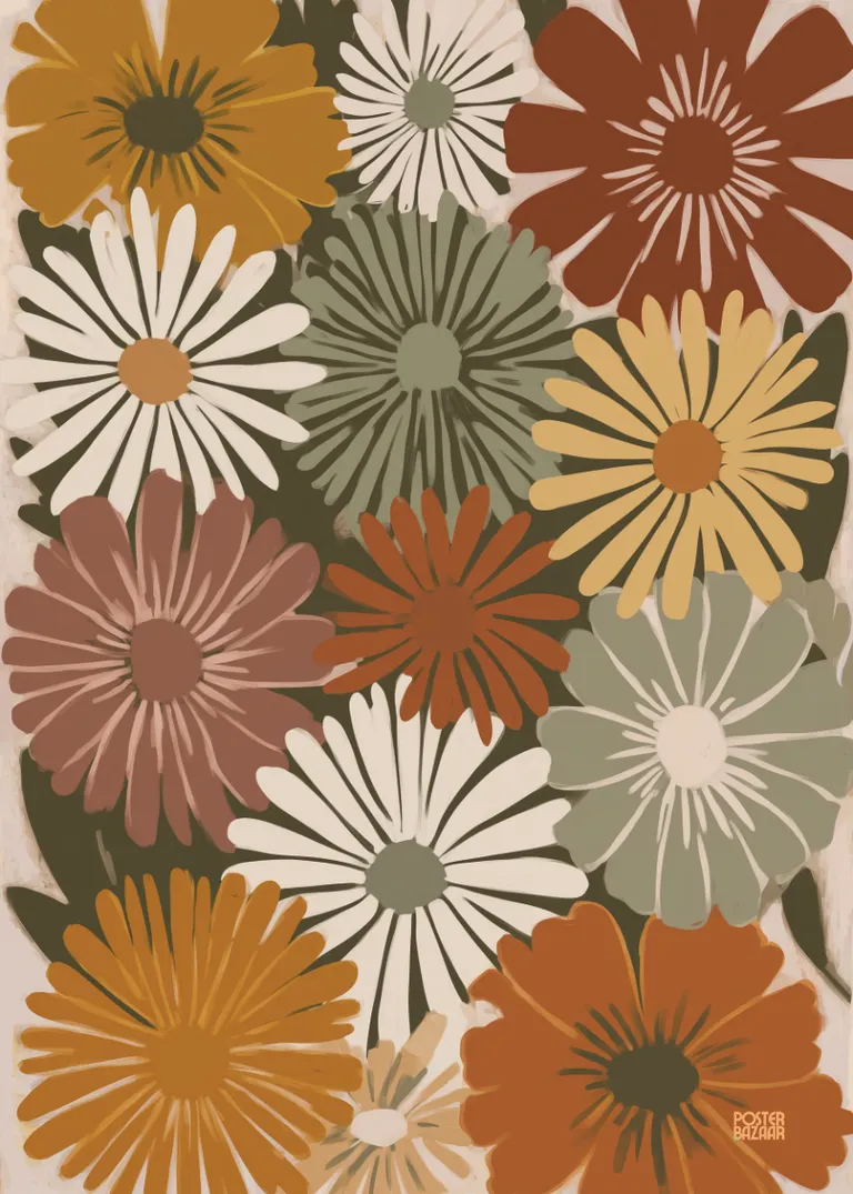 Earthy Daisies — stylizowane stokrotki w ziemistych, ciepłych barwach vintage