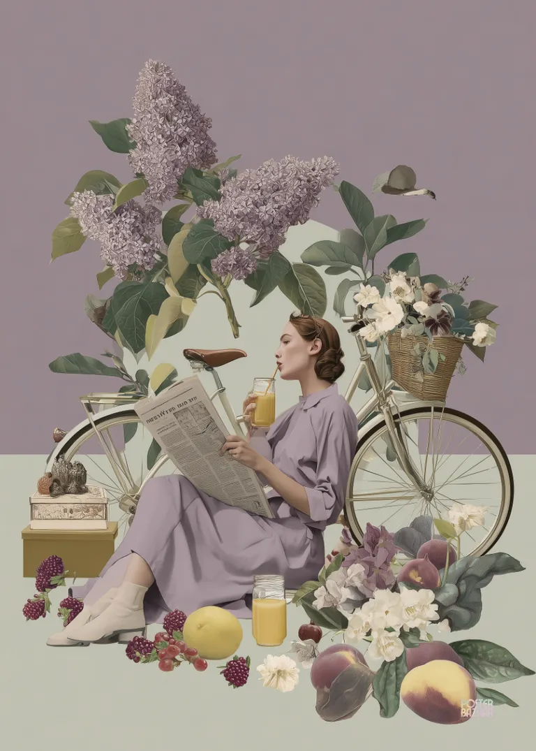 Lilac Leisure — kobieta w liliowej sukience przy rowerze z kwiatami