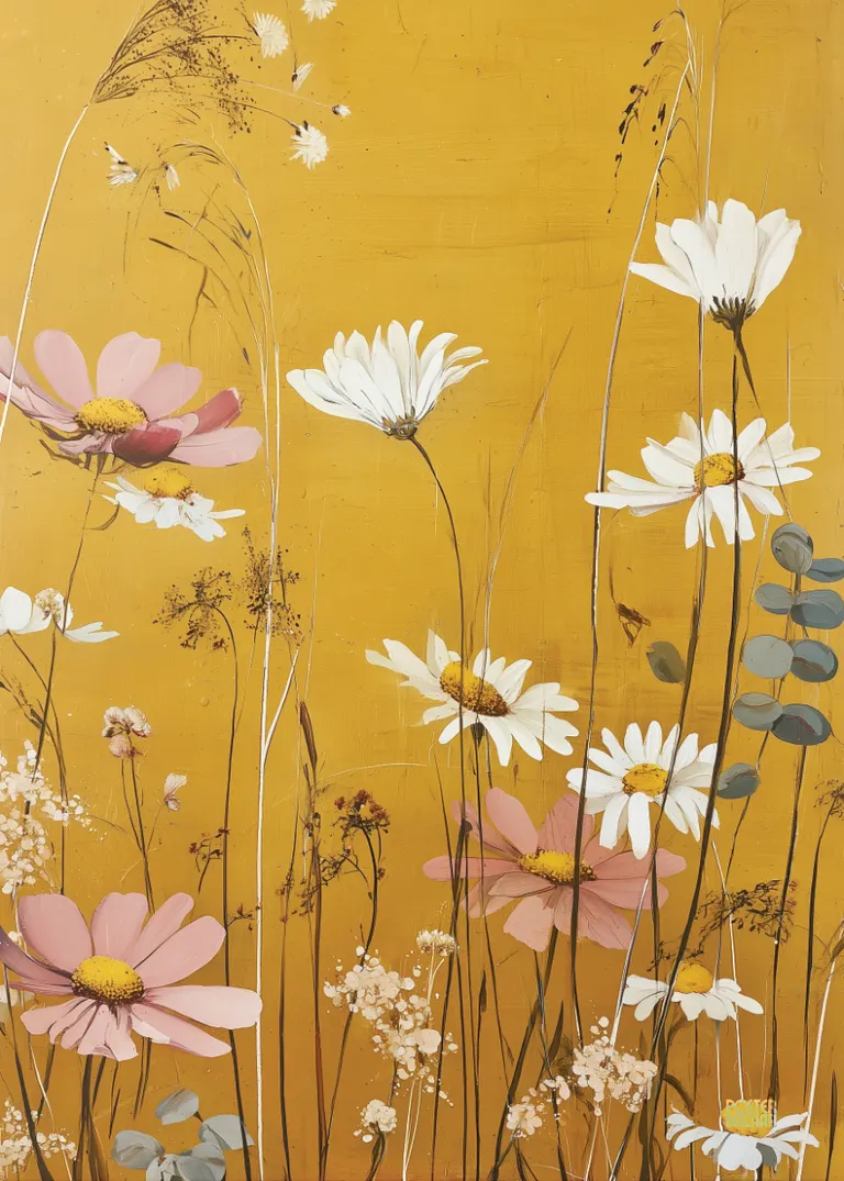 Sunlit Daisies — delikatne polne kwiaty w pastelowych barwach na słonecznym, żółtym tle