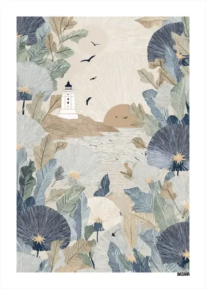 Plakat Lighthouse Vista - latarnia morska na skalistym brzegu z pastelowymi liśćmi