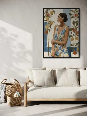 Plakat Citrus Breeze - portret kobiety w letniej sukience na tle cytrusowych drzewek - obrazek 3
