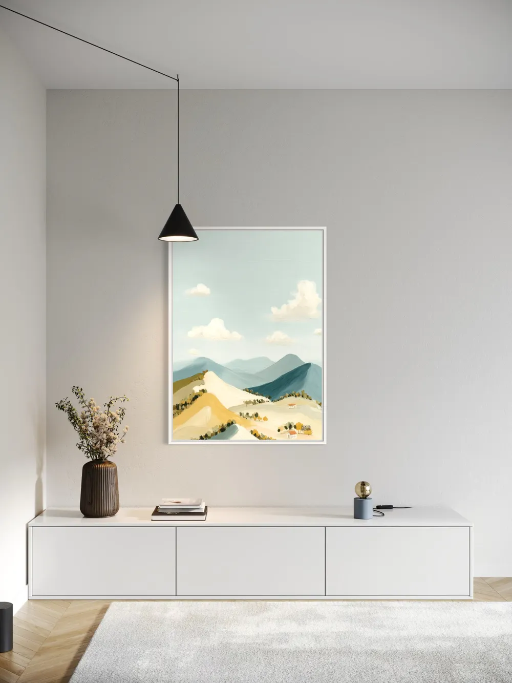 Plakat Pastel Hills - pastelowy krajobraz górski z domkami w dolinie - obrazek 2