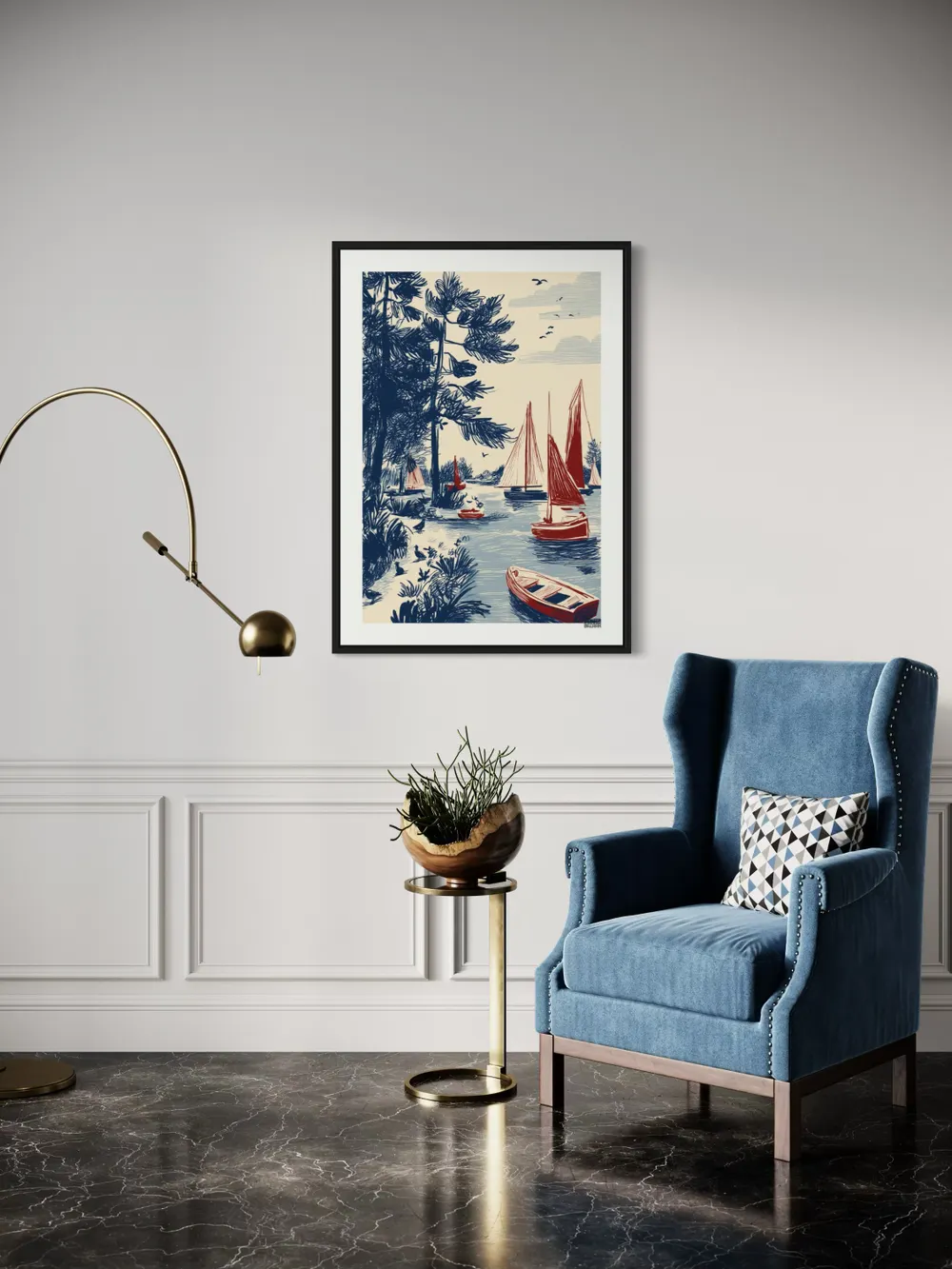 Plakat Sailing Lake - szkicowe jezioro z żaglówkami w retro stylu - obrazek 2