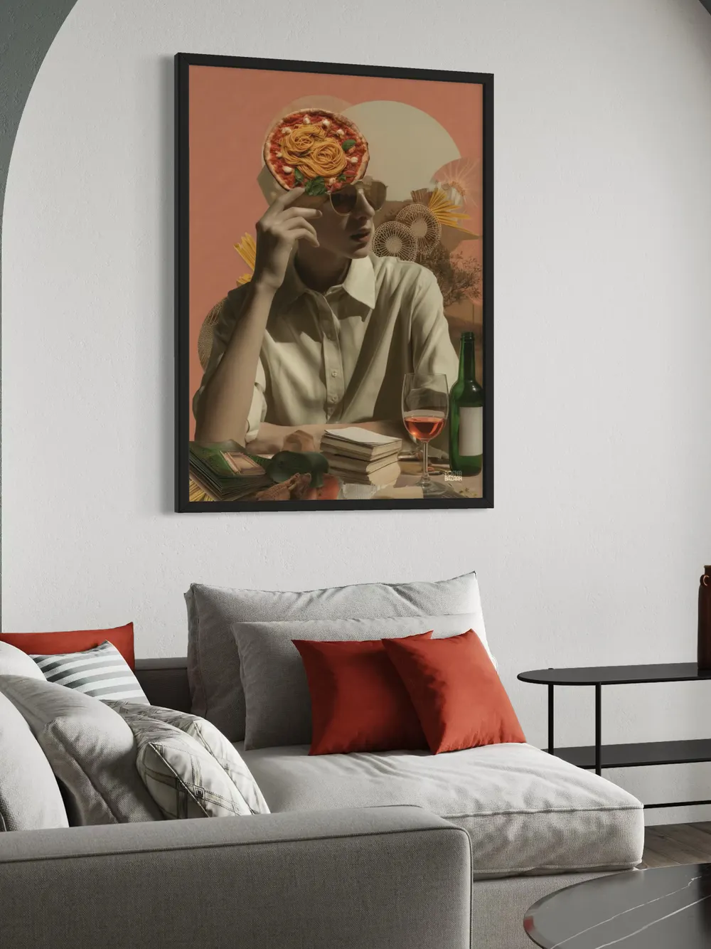 Plakat Pasta Mindset - surrealistyczna pizza, spaghetti, bazylią, książki, wino - obrazek 2