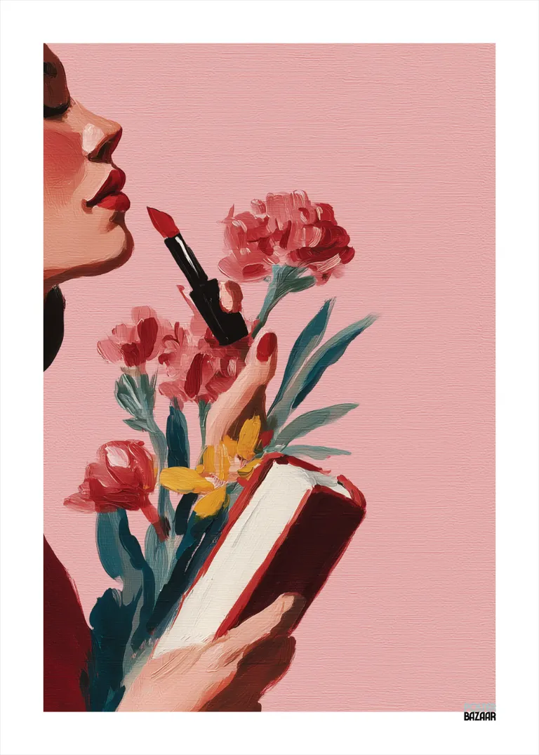 Lipstick Flowers — kobieta z czerwonymi ustami i bukietem kwiatów na jasnoróżowym tle