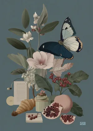 Plakat Butterfly Feast - elegancki motyl na tle liści i owoców