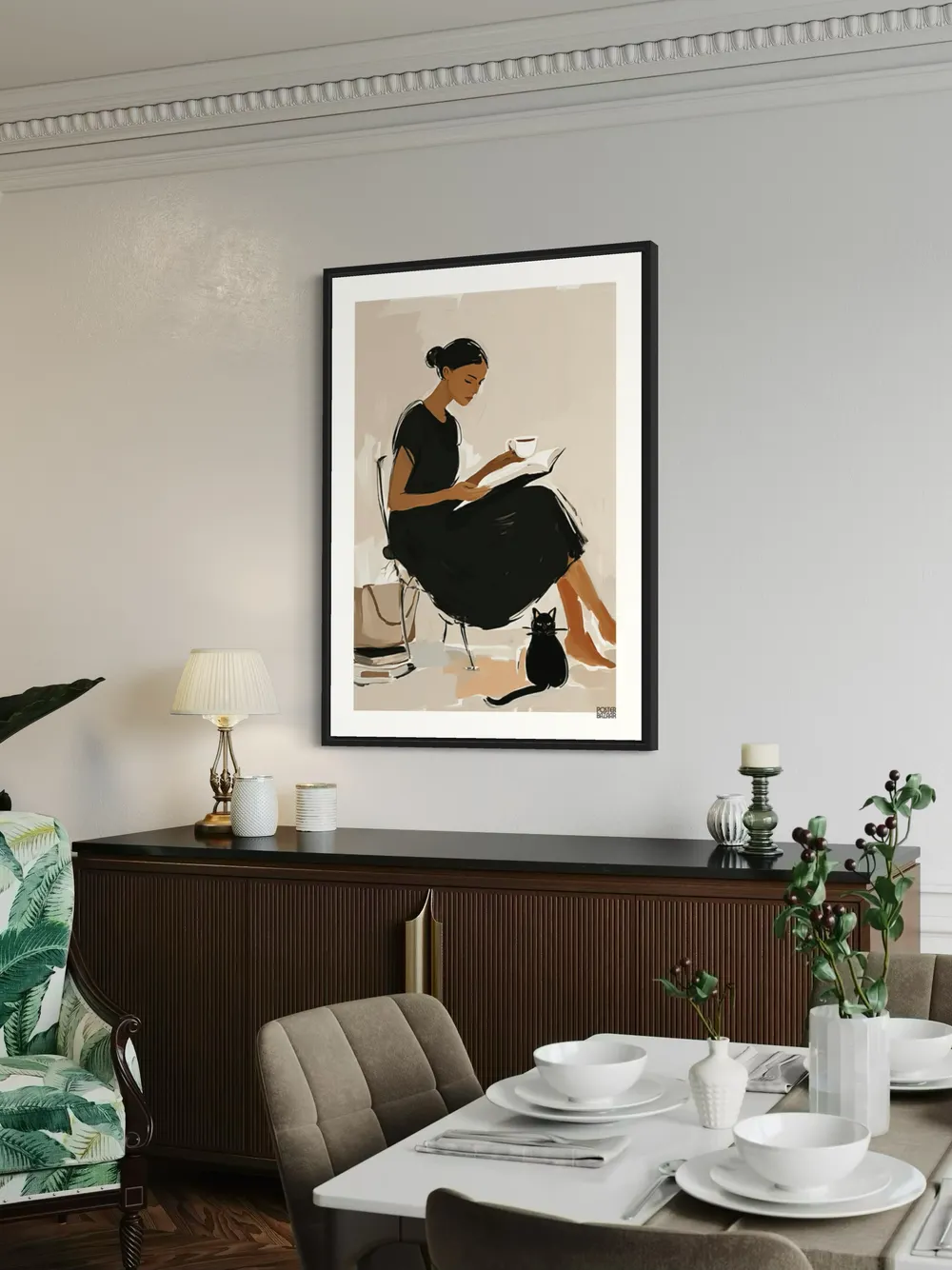 Plakat Quiet Companion - kobieta w czarnej sukience z kotem i książką - obrazek 3
