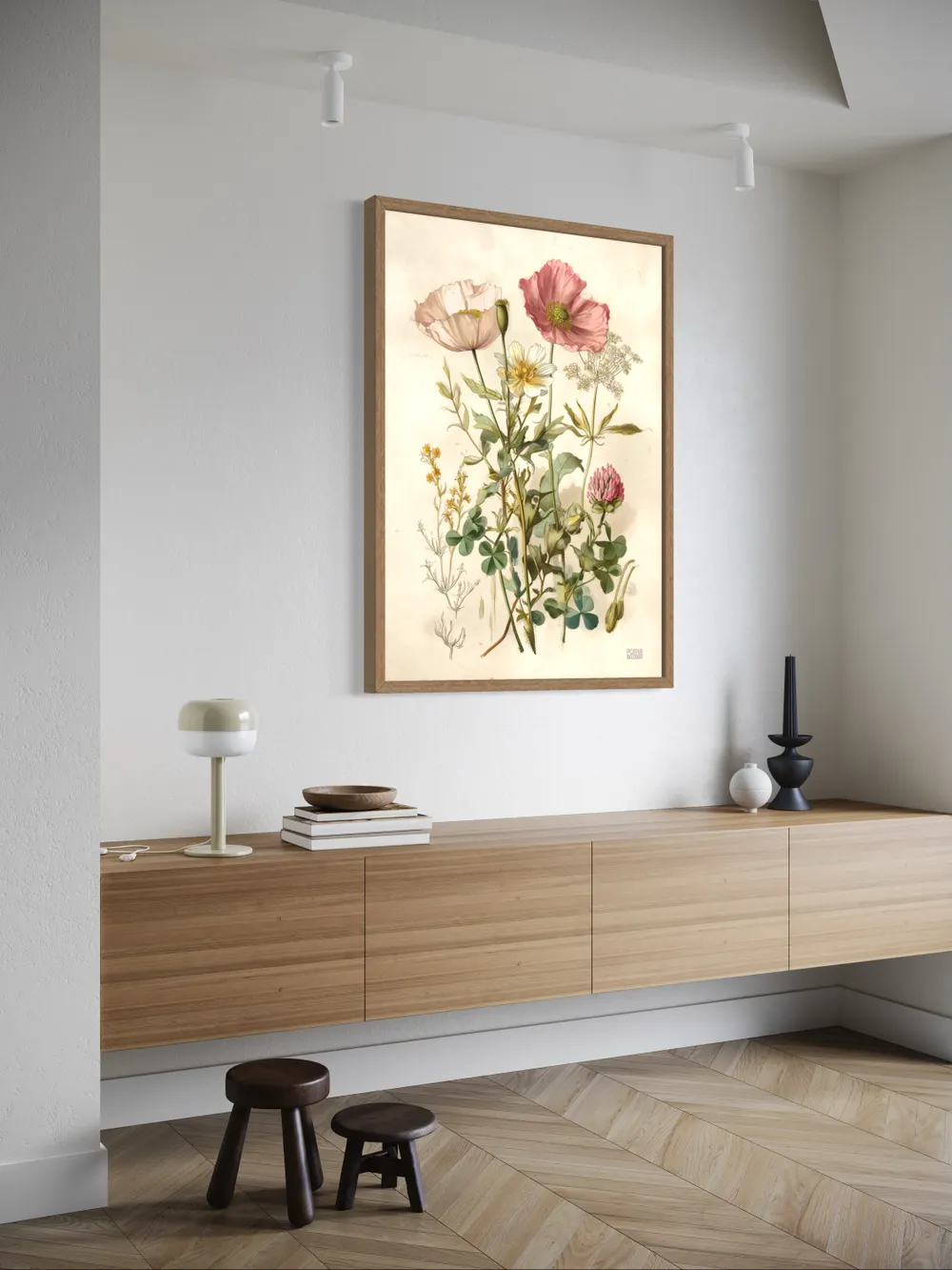 Plakat Wild Bloom Study - delikatne polne kwiaty w botanicznym stylu, z różowymi makami i zielonymi liśćmi, beżowe tło - obrazek 3