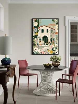 Plakat Village Blossom - biały domek z czerwonym dachem wśród kolorowych kwiatów, pastelowe kolory - obrazek 2