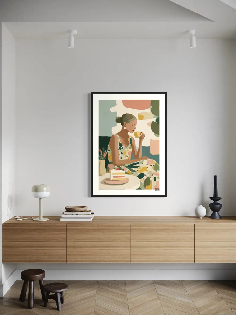 Plakat Tea Time - kobieta w kolorowej sukience delektująca się herbatą i ciastem - obrazek 3