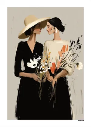 Plakat Whispered Blooms - dwie kobiety z bukietami polnych kwiatów w stonowanych kolorach