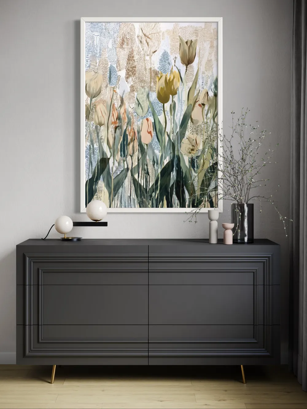 Plakat Muted Tulips - delikatne tulipany abstrakcyjne malowane beżowymi, zielonymi i błękitnymi akcentami, z nutą brązu - obrazek 3