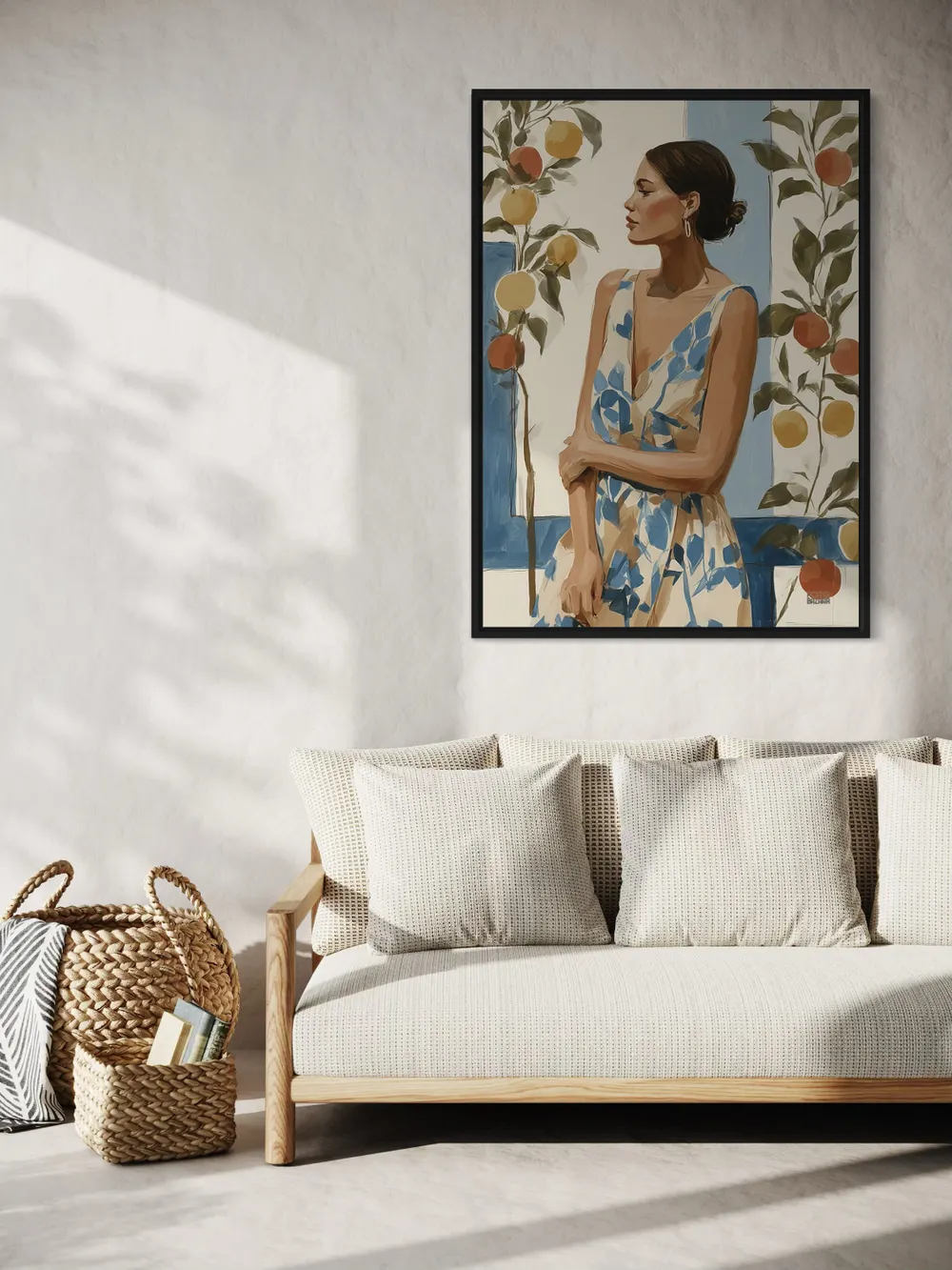 Plakat Citrus Breeze - portret kobiety w letniej sukience na tle cytrusowych drzewek - obrazek 3