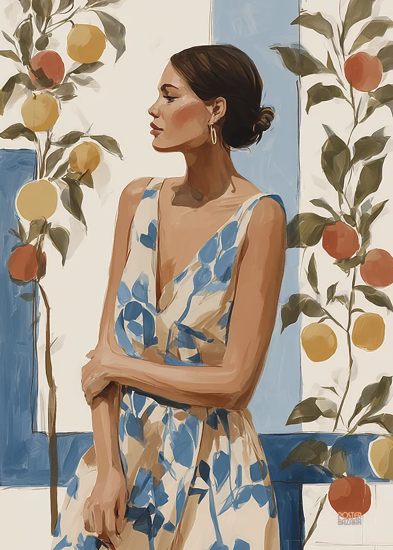 Citrus Breeze — portret kobiety w letniej sukience na tle cytrusowych drzewek