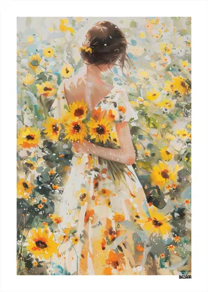 Plakat Sunflower Dream - dziewczyna w sukience w morzu słoneczników w akwarelowym stylu