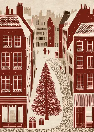 Plakat Winter Promenade - zimowa uliczka z choinką i prezentami w ciepłych barwach