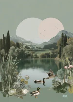 Plakat Verdant Reflections - spokojne jezioro z kaczkami i zielenią w pastelach