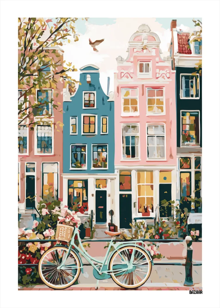 Pastel Houses — plakat z pastelowymi kamienicami i miętowym rowerem