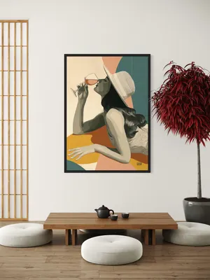 Plakat Rosé Pause - kobieta w kapeluszu z kieliszkiem różowego wina na pastelowym tle - obrazek 3