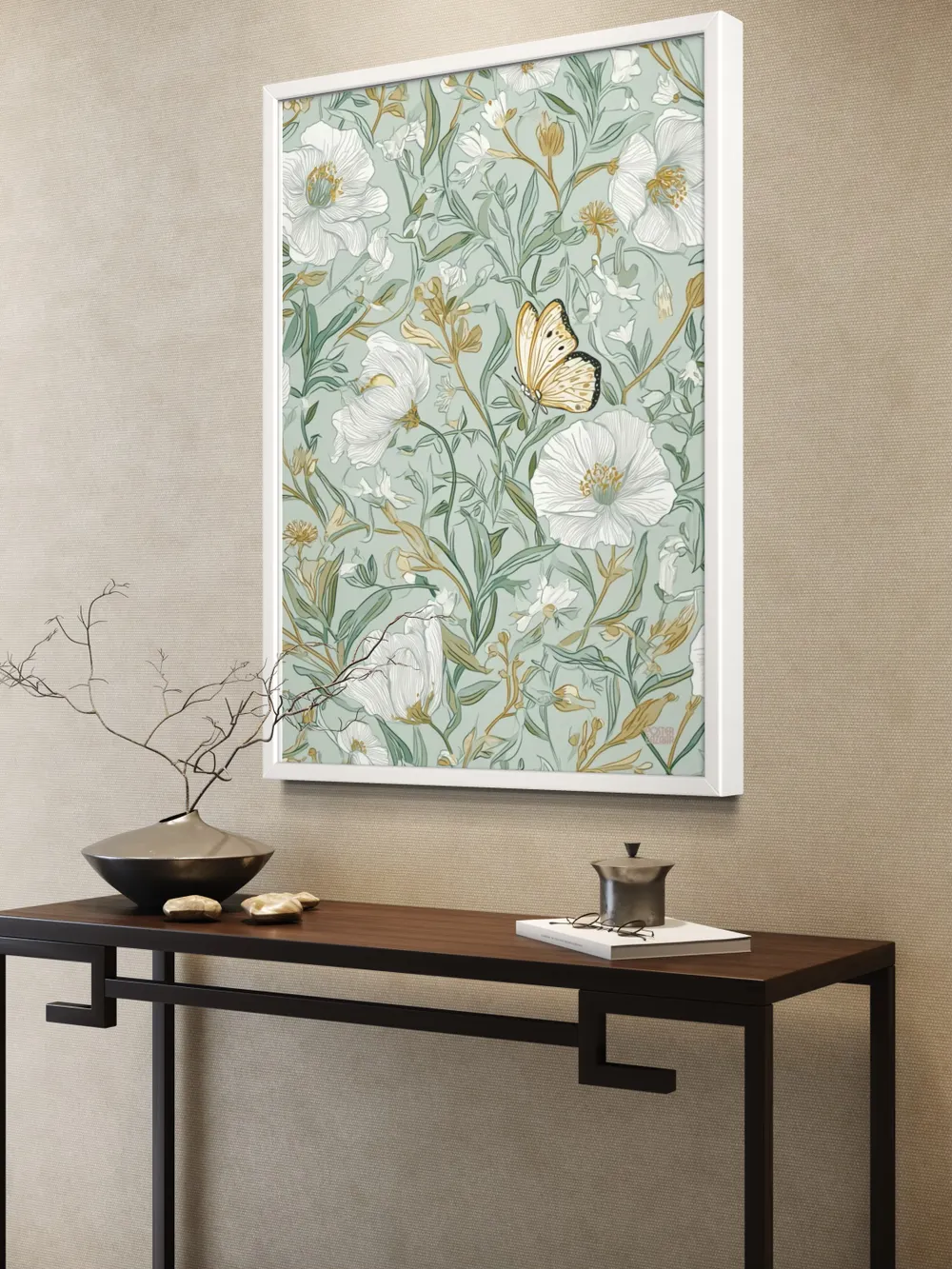 Plakat Mint Petals - delikatne biale kwiaty zielone liscie motyl - obrazek 2