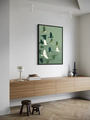 Plakat Emerald Flight - nowoczesna grafika z ptakami na tle zielonego nieba - obrazek 2